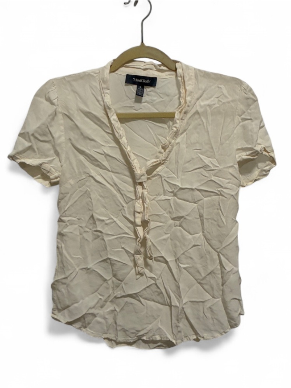 ModCloth Cream Knot Tie Neckline Short Sleeve Blouse